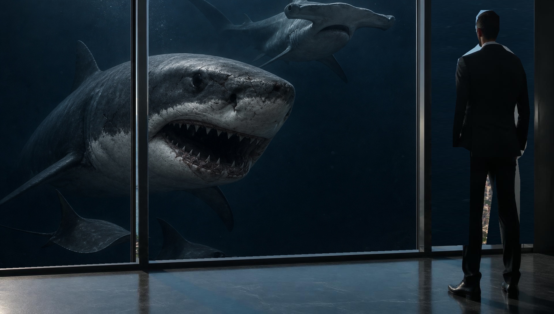 The same motionless man as great white and hammerhead sharks and stingrays approach his office window from the dark ocean