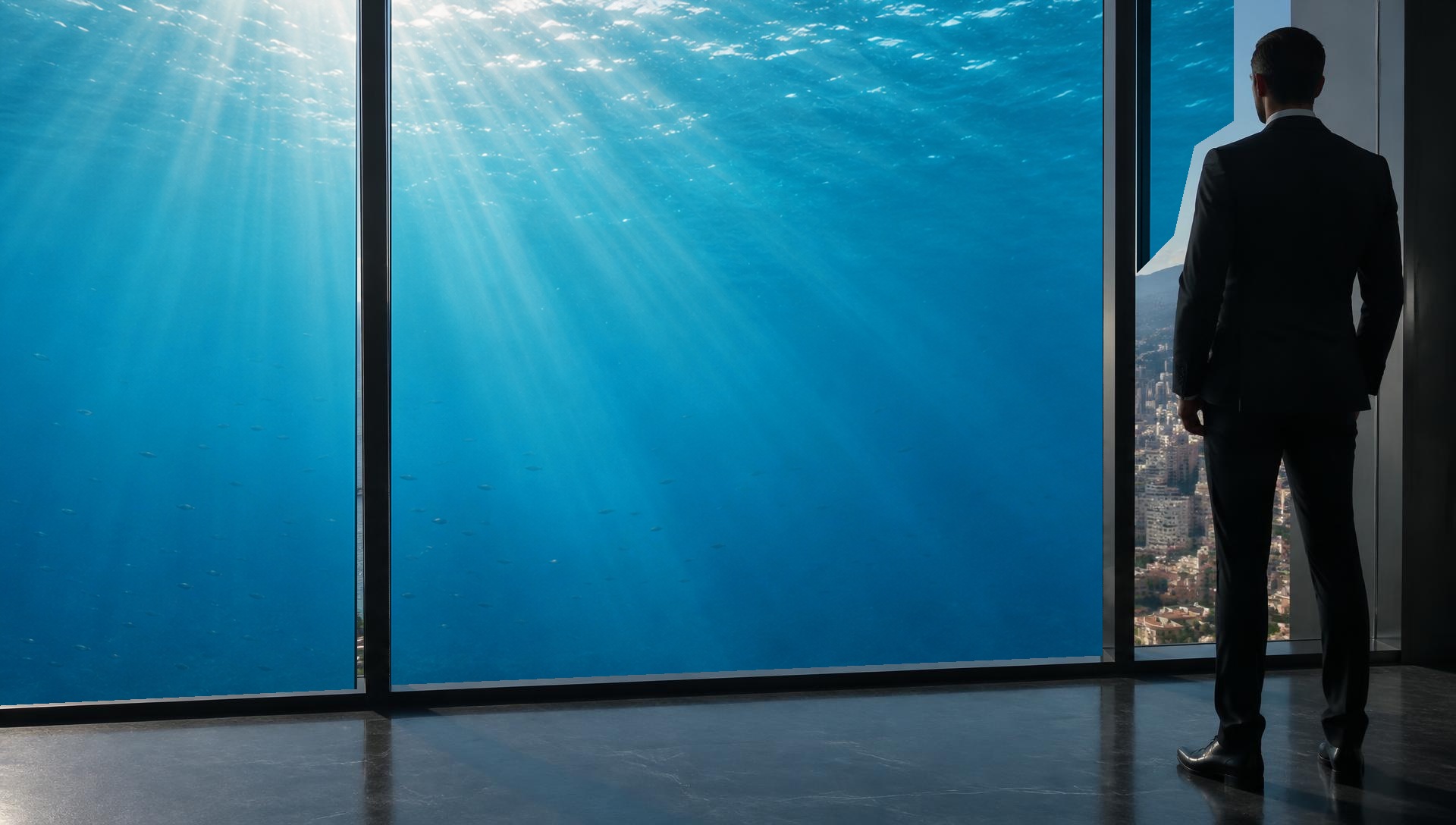 Sunshine streams into clear ocean water beyond the office window